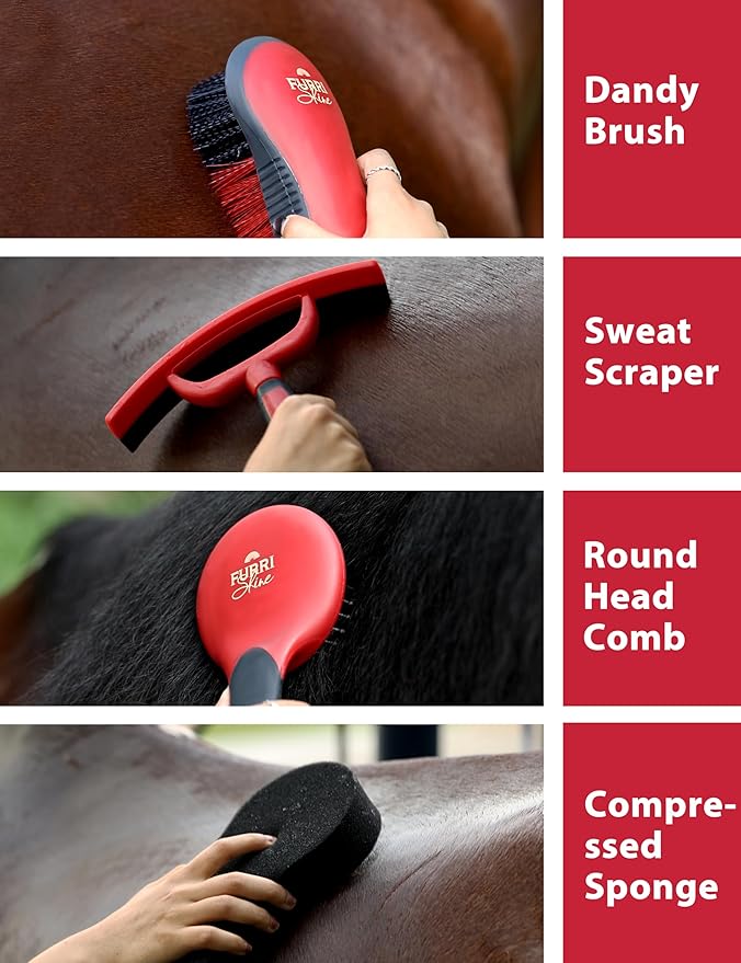 9PCS Horse Grooming Kit Curry Comb Sweat Scraper Horse Bathing Supplies Grooming Tools with Storage Bag Shadowberry-Mewly Pet