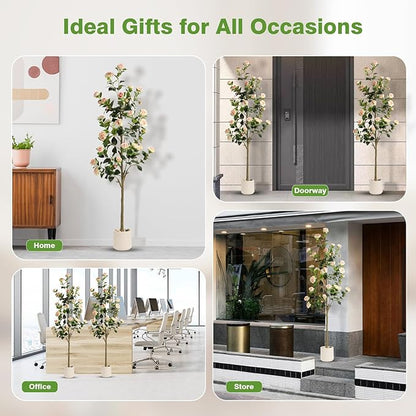 6FT Artificial Camellia Tree with White Planter & Pebbles,Faux Flower Tree with Lifelike Leaves and Realistic Trunk,Tall Fake Potted Plant for Home Décor Indoor Outdoor. (White, 6FT)