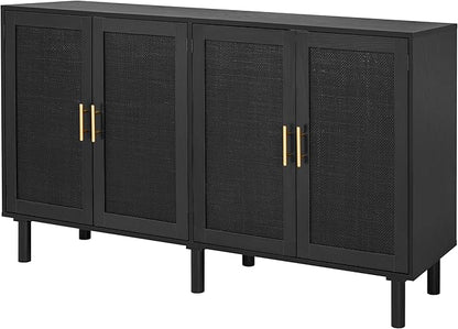 Finnhomy 4 Door Sideboard Buffet Cabinet, Kitchen Storage Buffet with Black Painted Rattan Decorated Doors, Cupboard Console Table, Boho Accent Liquor Cabinet, 62.3X 15.7X 34.6 Inches, Full Black
