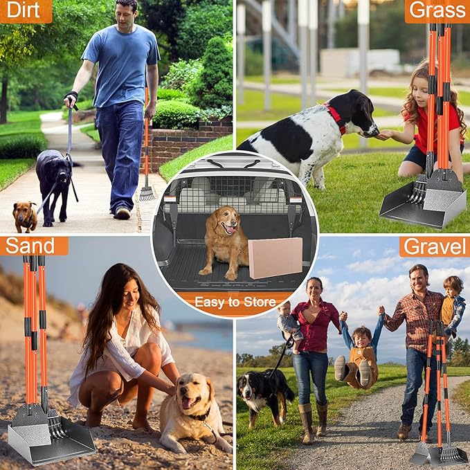 TNELTUEB Scooper Adjustable Long Handle Metal Tray Rake and Spade Poop Scooper for Dogs Pack Poop Scoop Pet Waste Removal Poop Scoop for Large Dogs and Pets Great for Lawns Grass Gravel-Mewly Pet