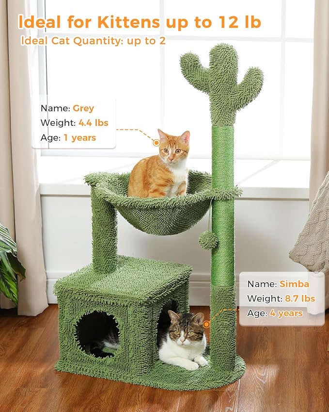 Cactus Cat Tree 40" Cat Tower with Large Metal Carpet Hammock, Cat Scratching Post for Indoor Cats with Condo & Replaceable Toy Ball, Green-Mewly Pet