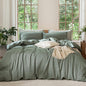 MooMee Bedding Duvet Cover Set 100% Washed Cotton Linen Like Textured Breathable Durable Soft Comfy (Heathered Green, Super King 108"x98")