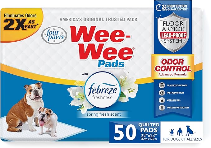 Four Paws Wee-Wee Odor Control with Febreze Freshness Pee Pads for Dogs & Puppies, Leak-Proof Dog Housebreaking Potty Training Floor Protection, Spring Fresh Scent, 22" x 23", 50 Count-Mewly Pet