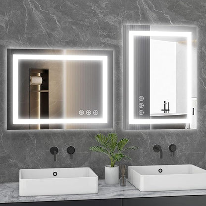 DUMOS 32"x 25" LED Bathroom Mirror with Lights, Anti-Fog Front Lit Backlit Lighted Wall Mounted Mirrors with Memory Function for Vanity, Makeup
