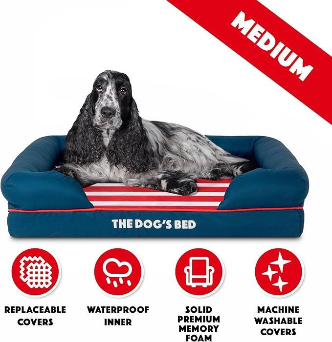 The Dog’s Bed, Medium Blue Oxford with Red Trim USA Flag Dog Bed with Central Flag 30x23.5, Memory Foam, Pain Relief, Post Surgery, Waterproof Washable Cover Cover, Veterinary Approved-Mewly Pet