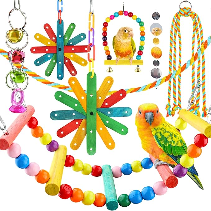 8 pcs Bird Toys for Parakeets with Colorful Ladder Hammock Bird Cage Accessories Bird Perch Stand Chewing Toys Hanging Bell Parrot-Mewly Pet