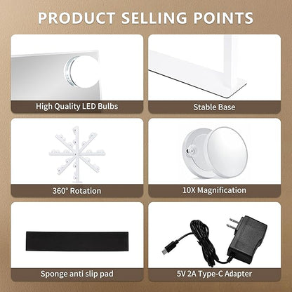 Vanity Makeup Mirror with Lights,3 Color Lighting Modes Detachable 10X Magnification Mirror Touch Control,360°Rotation, White (14.6Inch)