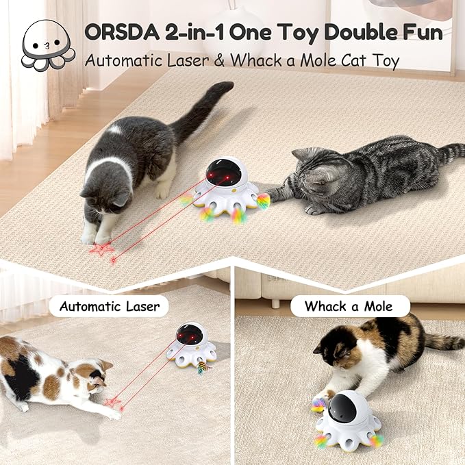 ORSDA Cat Laser Toy, 2-in-1 Interactive Automatic Motion Activated Moving 8 Holes Whack A Mole Feather, USB Rechargeable Electronic Smart Sensor Kitten Toys for Indoor Exercise-Mewly Pet