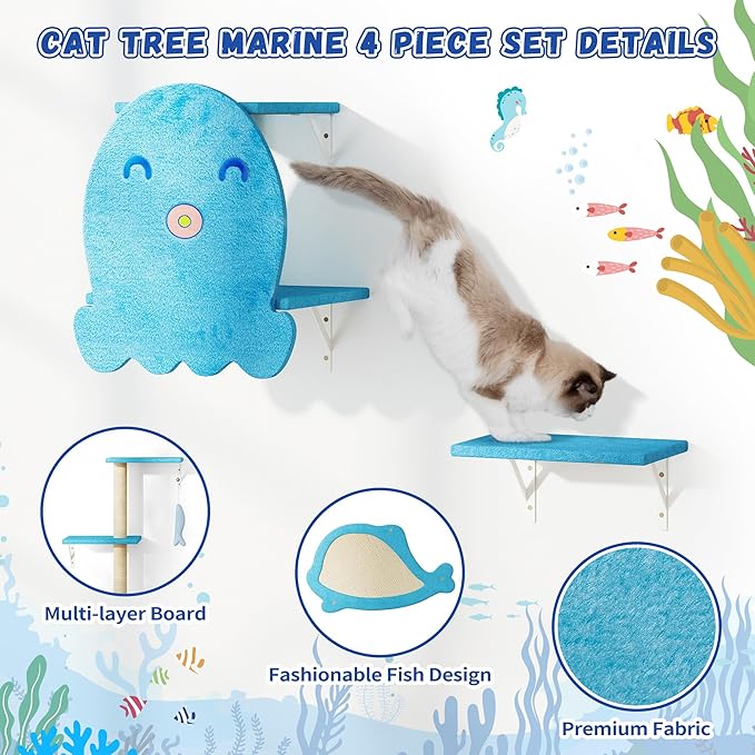 COZIWOW 4-Piece Wall-Mounted Cat Tree Set – Sturdy Wood Pet House, Scratching Board, Platforms, Sisal Posts & Blue Fish Charm – Ocean Blue-Mewly Pet