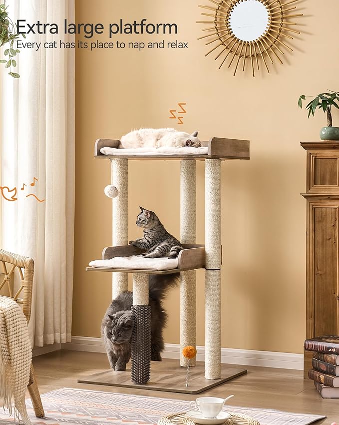 FourFurPets 43.7" Cat Tree, Modern Cat Tree Tower, Cat Tower for Indoor Cats Large Adult, Cat Condo with Scratching Post, Large Perch and Removable Pads, Greige-Mewly Pet