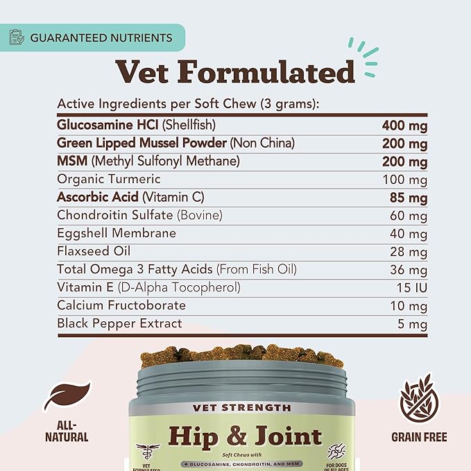 Natural Dog Company Vet Strength Hip & Joint Chews for Senior Dogs (90ct) Joint & Flexibility Support, Arthritis Relief for Senior Dogs, 1.3X Glucosamine, 2X Green Lipped Mussel & MSM for Dog Mobility-Mewly Pet