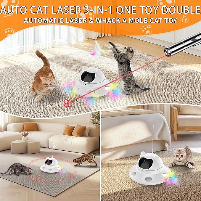 Cat Laser Toy,Automatic Laser cat Toy 3-in-1 Interactive Automatic Motion Activated Moving 6 Holes Whack A Mole Feather, USB Rechargeable Electronic Smart Sensor Kitten Toys for Indoor Exercise-Mewly Pet
