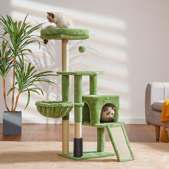 Heybly Cat Tree with Cat Self Groomer Brush, Cat Tower Condo for Indoor Cats with Padded Plush Perch, Cat House with Basket Scratching Board Post, Green HCT005SGR-Mewly Pet