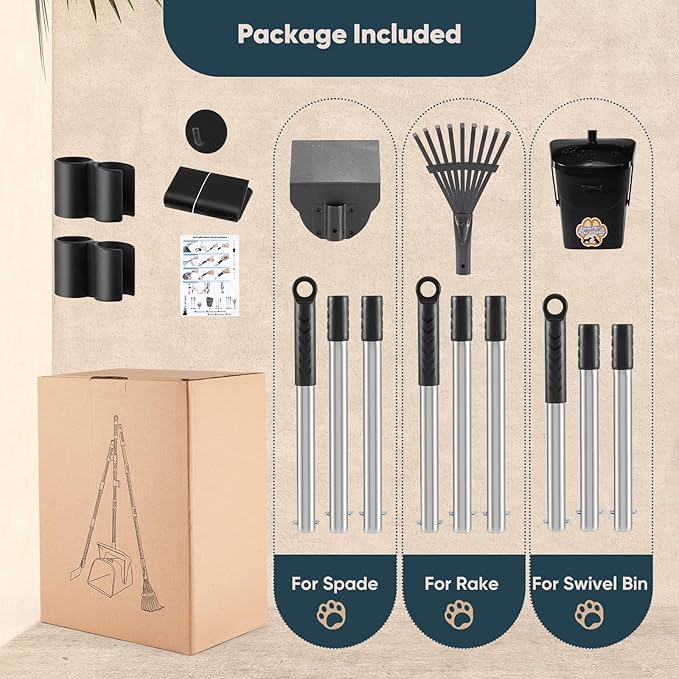 Stainless Steel Dog Pooper Scooper,40" Long Handle Swivel Bin, Rake and Spade,20 Waste Bags & Hook - Heavy Duty Portable Metal Poop Scooper for Large,Medium and Small Dogs-Mewly Pet