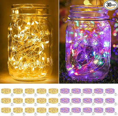 btfarm 30 Pack Fairy Lights Battery Operated [3 Modes], 7ft 20 Led Twinkle String Lights Waterproof Bulk Small Mini Sliver Wire for Christmas Mason Jars Wedding Table Centerpiece, Warm White/Colorful