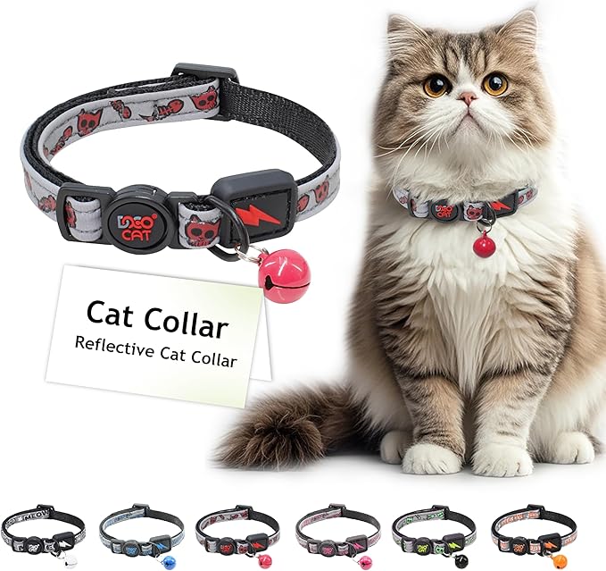 DOCO Cat Collar (Neck Girth - 3/8" x 7.5-12", Weight Upto - 13lb) Reflective Cat Collar with Bell, Breakaway Safety Buckle, Adjustable Nylon Strap for Kittens & Adult Cats (Red)-Mewly Pet