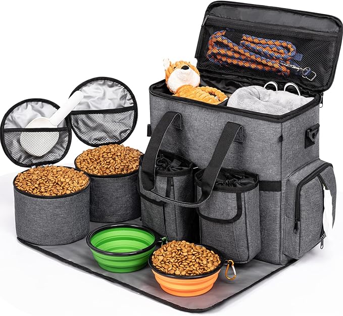 Modoker Dog Travel Bag Backpack, Airline Approved Pet Accessories Organizer for Dog and Cat with Shoulder Strap, 2 Dog Food Storage Containers, 2 Collapsible Dog Bowls,1 Pet Mat, Rose Red-Mewly Pet