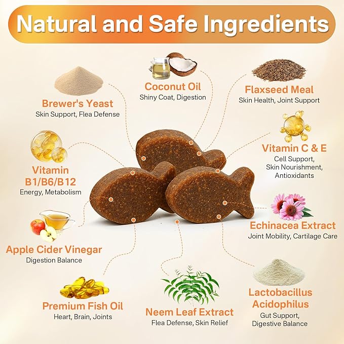 4-in-1 Flea Treatment for Cats Chewable, Natural Cat Flea and Tick Prevention Chewable Supplement for Skin & Coat | Immunity Support | Digestive | Flea & Tick Treatment for All Breeds & Sizes-Mewly Pet