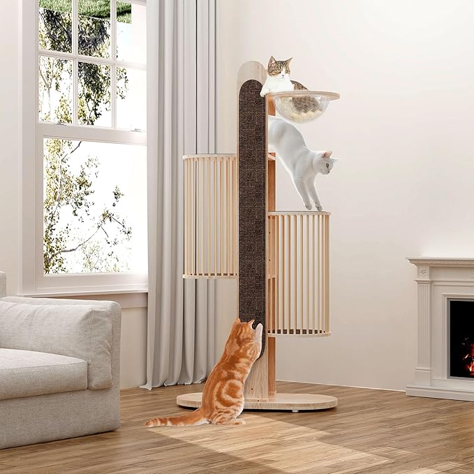 Modern Cat Tree Tower for Indoor Cats, 67" Tall Solid Wooden Cat Tower with Scratching Posts, 6 Level Natural Luxury Cat House with Big Bed, Washable Cushions Cat Furniture for Large Cats Brown-Mewly Pet