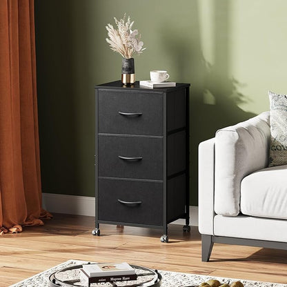 WLIVE Dresser with 3 Drawers, Fabric Nightstand, Cabinet with Wheels, Organizer Storage Dresser for Bedroom, Office, Closets, Black Dresser with Sturdy Steel Frame, Easy Pull Handle