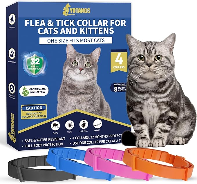 4 Pack Flea Collar for Cats, 32 Months Flea and Tick Prevention for Cats, Waterproof Cat Flea Collar, Natural Cat Flea and Tick Treatment, Adjustable Flea and Tick Collar for Cats Kittens(4 Colors)-Mewly Pet