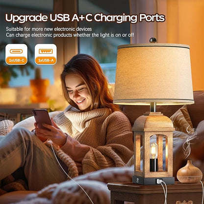 QiMH Table Lamp for Living Room, Farmhouse Lamps Set of 2 with USB A+C and Nightlight, 26" Rustic Bedside Lamps with 3-Way Dimmable Touch Control, Nightstand Lamp for Bedroom Decor, Wood Grain