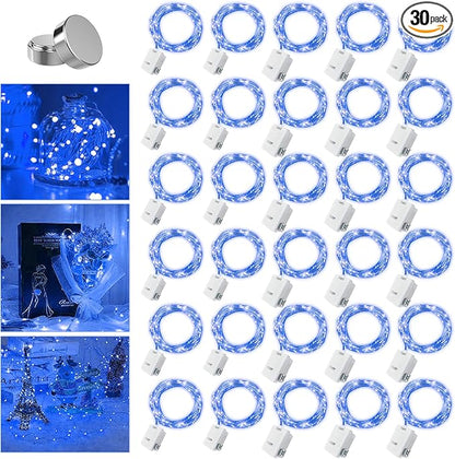 30 Pack Fairy Lights Battery Operated - 3 Speed Modes, 7Ft 20 LED String Twinkle Lights, Waterproof Copper Wire, Mini Firefly Light for Mason Jars Vases Christmas Decor, Blue