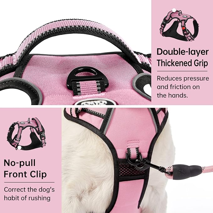 IVY&LANE No Pull Dog Harness for Large Dogs, Reflective Dog Vest Harness with Leash, Safety Belt and Storage Strap, Fully Adjustable Harness with Soft Handle (Pink, L)-Mewly Pet