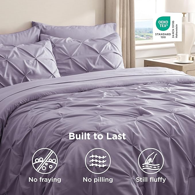 Bedsure Twin Comforter Set Grayish Purple - Bed in a Bag Twin Size Bedding 5 Pieces, GentleSoft™ Pintuck Bed Set Gift for Family, Pinch Pleat Grayish Purple Comforter with Sheets, Pillowcase & Sham