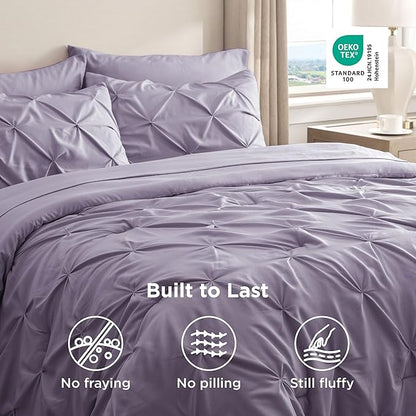 Bedsure California King Comforter Set - Bed in a Bag Cal King Bedding Set 7 PCS, GentleSoft™ Pintuck Bed Set Gift for Family, Pinch Pleat Purple Comforter with Sheets, Pillowcases & Shams