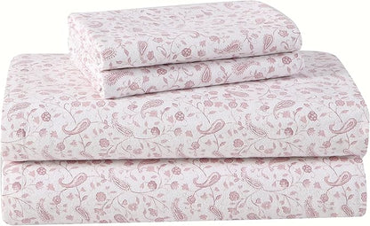 Laura Ashley - Flannel Sheets King Size, Anti-Pilling & Wrinkle Resistant Cotton, Touchably Soft for All-Season Comfort - Bed Sheets with Matching Pillowcases & Fitted Sheet (Paisley Prance Pink)