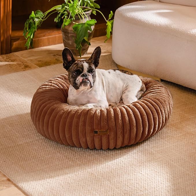 MEWOOFUN Donut Dog Beds for Small Dog, Calming Bed Round Cute Puppy Bed with Non-Slip Bottom, Fluffy Washable Pet Bed for Puppy and Kitten (Dark Brown, S (25x25x7))-Mewly Pet