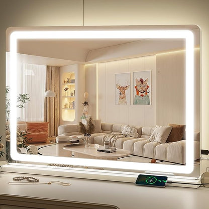 Vanity Mirror with Lights, 32" x 22" Large Lighted Vanity Mirror with Dimmable 3 Modes, LED Makeup Mirror, Touch Screen Control, USB Charging Port, Tabletop or Wall-Mounted
