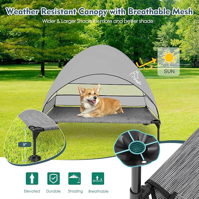 Upgraded Elevated Dog Bed with Canopy, Portable Raised Outdoor Dog Bed with Stable Anti-Slip Feet, Wider Shade Pet Bed Cot, Raised Dog Beds for Large Dogs Camping, Indoor & Outdoor Use-Mewly Pet