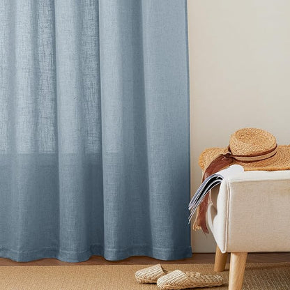 RYB HOME Linen Sheer Curtains 63 inch Length for Dining Room Doorway, Rod Pocket Soft Textured Thick Linen Burlap Privacy Protection Light Filtering 2 Panels Set, W 52 x L 63 inches, Dusty Blue