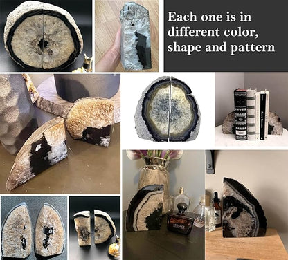 AMOYSTONE Agate Bookends Black Geode Book Ends Heavy Duty Bookend Holder Decorative with Rubber Bumpers Small(1 Pair, 2-3 LBS)