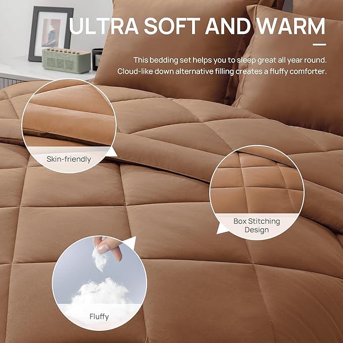 Love's cabin Full Comforter Set Mocha Mousse, 7 Pieces Full Bed in a Bag, All Season Bedding Sets with 1 Comforter, 1 Flat Sheet, 1 Fitted Sheet, 2 Pillowcase and 2 Pillow Sham