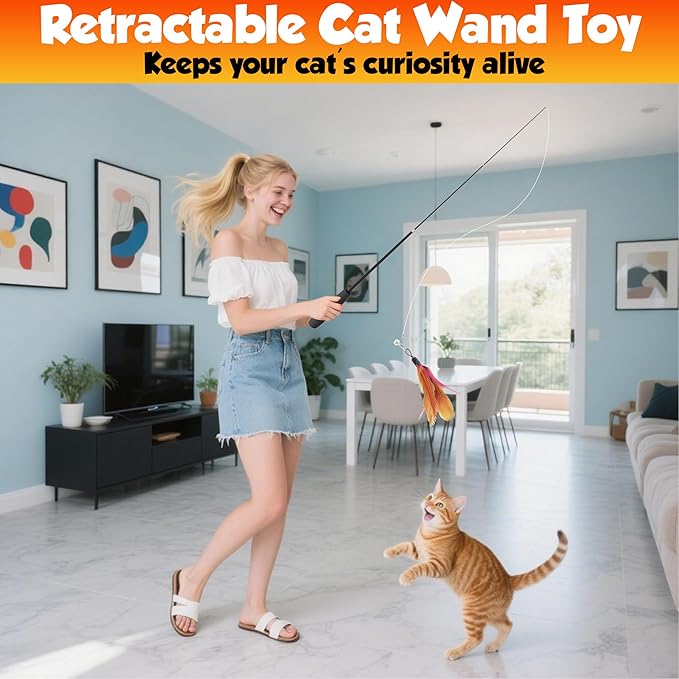 Retractable cat wand toys, 14PCS teaser refills-feather & worm refills and chirping mouse toy, interactive cat teaser toys for indoor cats, fishing pole games for bored indoor kitten exercise & play-Mewly Pet