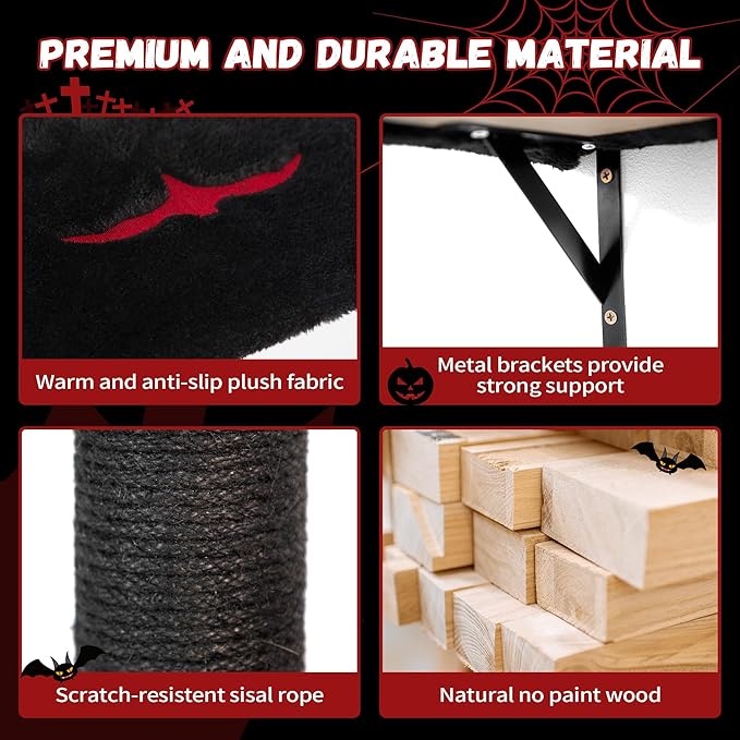 COZIWOW Wall-Mounted Cat Tree | Space-Saving Feline Furniture with Multiple Levels | Durable Scratch Post for Indoor Cats, Black&Red-Mewly Pet