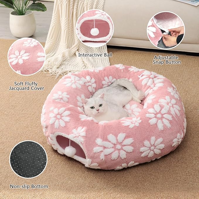 Cat Tunnel for Indoor Cats, Cute Peekaboo Cat Cave with Dangling Balls, Pet Donut Tunnel Bed with Circle Mat for Puppy Kitten Rabbit, Pink-Mewly Pet