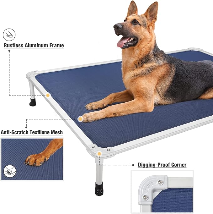 Veehoo Chew Proof Elevated Dog Bed - Cooling Raised Pet Cot - Silver Aluminum Frame and Durable Textilene Mesh Fabric, Unique Designed No-Slip Feet for Indoor or Outdoor Use, Blue, XX-Large, CWC2003-Mewly Pet