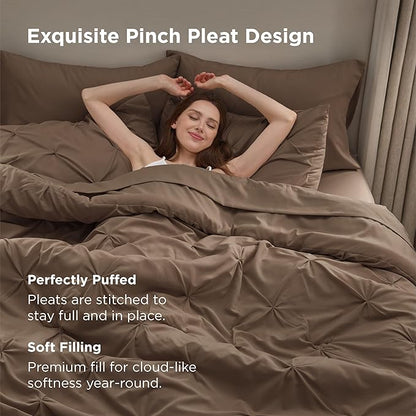 Bedsure California King Comforter Set Brown - Bed in a Bag Cal King Bedding Set 7 Pieces, GentleSoft™ Pintuck Bed Set Gift for Family, Pinch Pleat Brown Comforter with Sheets, Pillowcases & Shams