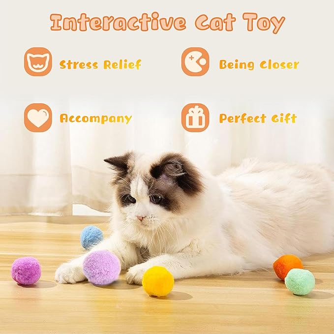 Low Noise Interactive Cat Ball Launcher Gun, 1 Noise-Reduced Launcher (New Upgraded), 20 Pcs Colorful Silent Plush Pom Pom Balls (1.2 inches), with 4 Pcs Cat Spring Toy-Mewly Pet