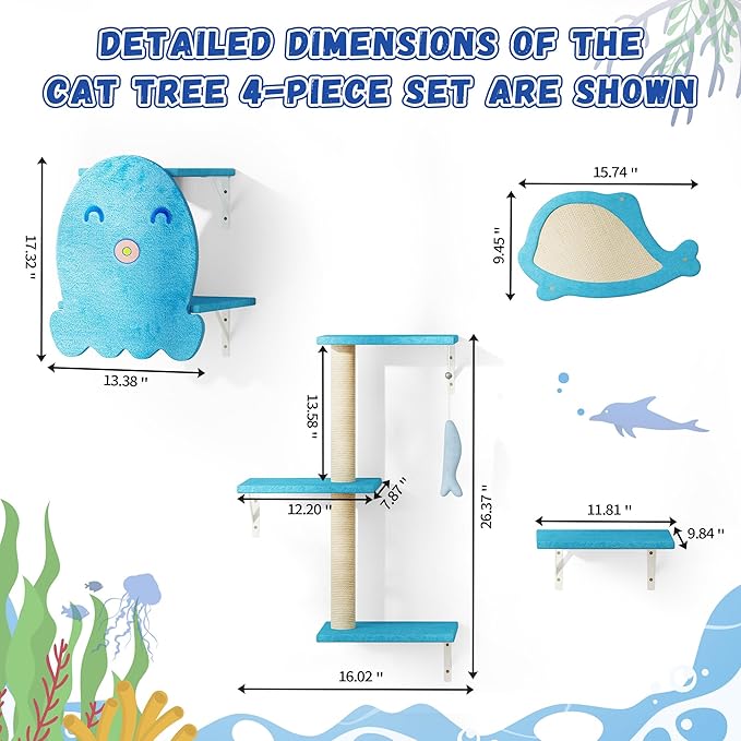 COZIWOW 4-Piece Wall-Mounted Cat Tree Set – Sturdy Wood Pet House, Scratching Board, Platforms, Sisal Posts & Blue Fish Charm – Ocean Blue-Mewly Pet