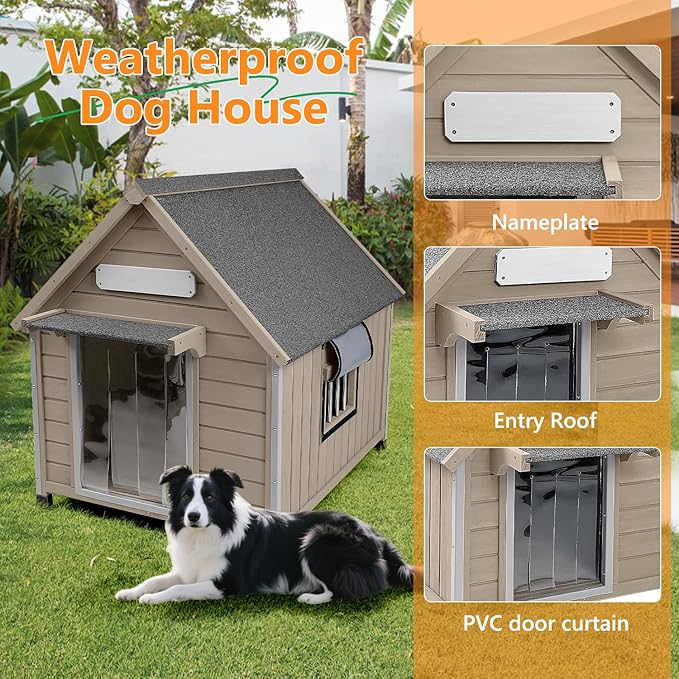 Large Dog House Outdoor Weatherproof, Wooden Dog Kennel Shelter with Anti-Chewing Iron Frame, Removable Floor for Medium to Large Dogs, Easy Clean and Assemble (30.5" L*37.4" W*39.3" H)-Mewly Pet