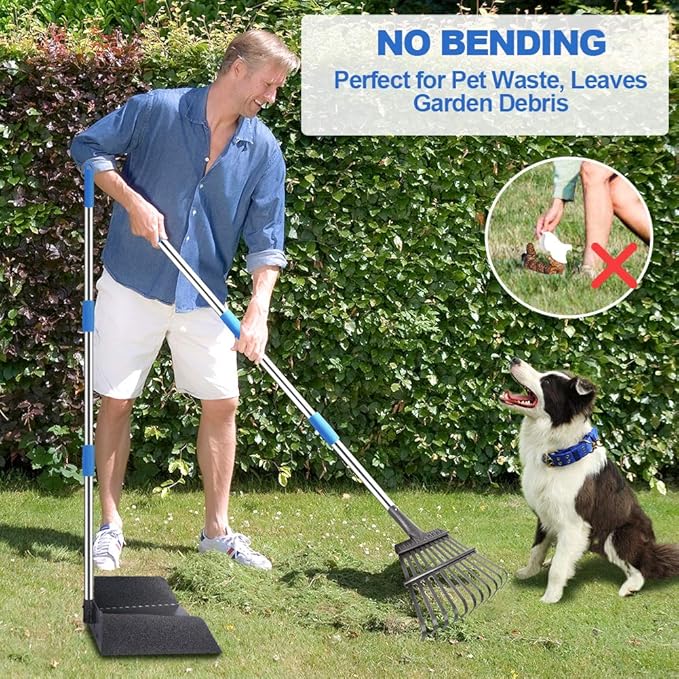 QiMH Upgraded Dog Pooper Scooper Extra Large, Adjustable Long Handle Stainless Metal Pet Poop Tray and Rake Set for Large Medium Small Dogs, Dog Waste Removal Bin Rake, Great for Grass, Street, Gravel-Mewly Pet