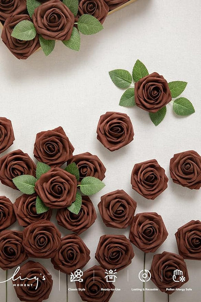 Ling's moment Artificial Flowers 25Pcs Walnut Brown Roses Decor w/Stems,3" Real Touch DIY Foam Floral for Wedding Bouquet/Centerpieces, Outdoors Party Backdrop, Room/Table, and Garden/Pot Decorations