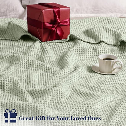 PHF 100% Cotton Waffle Weave Blanket King Size for Bed,Snag Proof Lightweight Breathable Throw for Couch,Great for Layering in Cold Weather,Machine Washable,Home Decor Gift-Sage Green