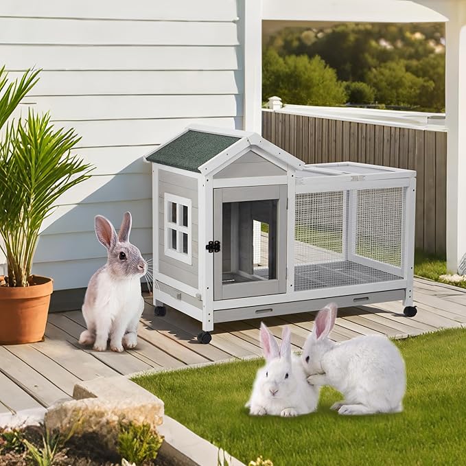 Wooden Rabbit Hutch with Waterproof Roof,Outdoor/Indoor Bunny Cage with Removable Slide-Out Bottom Tray, Chewproof Rabbit cage for Small-Medium Animals (Guinea Pigs, Hedgehogs)-Mewly Pet