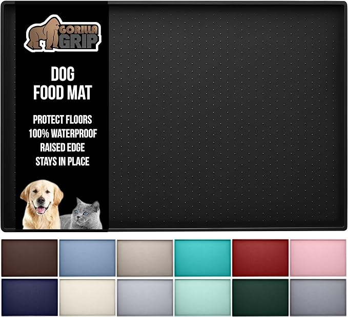 GORILLA GRIP 100% Waterproof Raised Edge BPA Free Silicone Pet Feeding Mat, Dog Cat Food Mats Contain Spills Protects Floors, Placemats for Cats and Dogs Water Bowl, Pets Accessories 16x10, Black-Mewly Pet